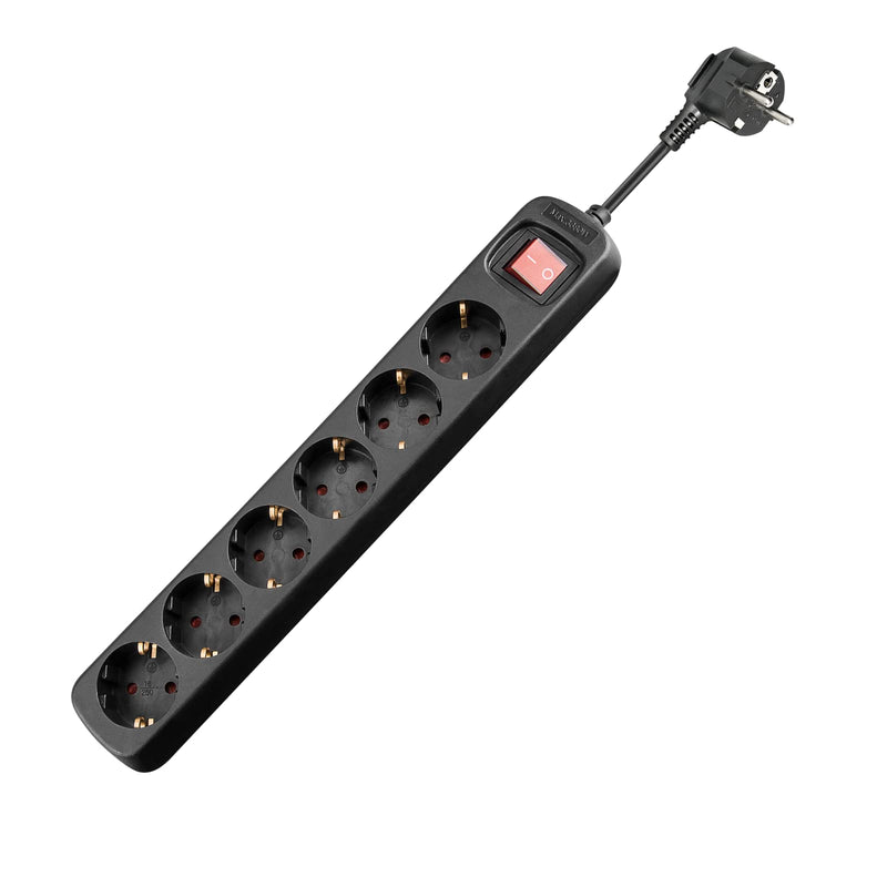 Power 6-stikdåse, Schuko stik, afbr., 1,5 m kabel, sort