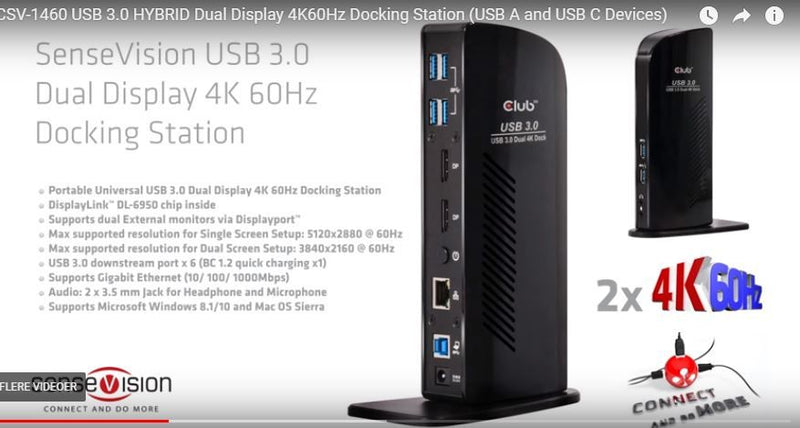 4K Dual Dock 2x 60Hz 6xUSB3.0 2xDP LAN Lyd