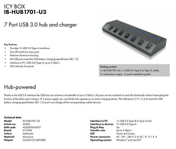 ICY BOX 7 port USB 3.0 hub and charger on/off