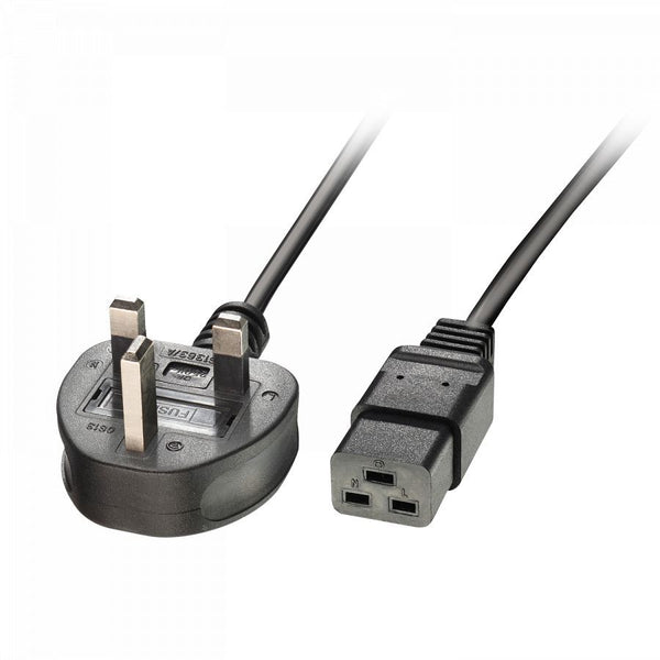 UK Mains Power Cable UK3 Pin Plug to IEC C19, 2m Black