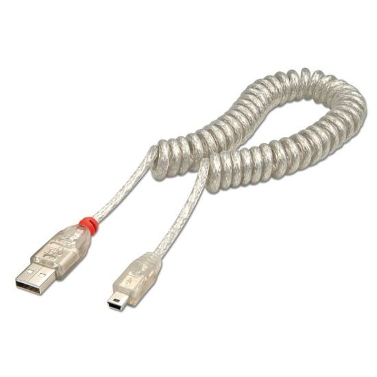 USB Coiled Cable - Transparent Type A Male to Mini B Male 0.5